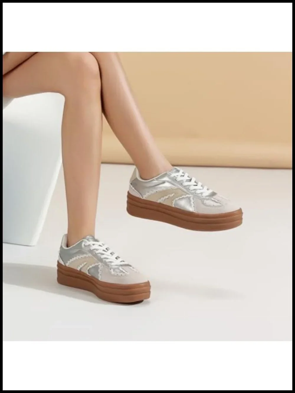 Women's Vintage Lace Detail Platform Sneakers - Casual Walking Shoes with